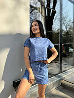 Легкий базовый летний женский прогулочный костюм двойка кулир варенка хлопок 100% футболка и шорты OS 42/44, Синий