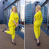 Летний легкий брючный костюм женский оверсайз брюки и футболка с завязками жатка батал большого размера OS 58/60, Желтый