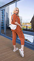 Летний легкий брючный костюм женский оверсайз брюки и футболка с завязками жатка батал большого размера OS 54/56, Кирпичный