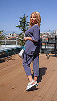 Летний легкий брючный костюм женский оверсайз брюки и футболка с завязками жатка батал большого размера OS 54/56, Лаванда