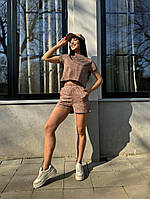 Легкий базовый летний женский прогулочный костюм двойка кулир варенка хлопок 100% укороченная футболка и шорты 46/48, Коричневый