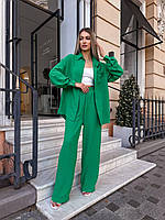Легкий базовый летний женский брючный костюм двойка турецкая креп жатка удлиненная рубашка свободные брюки OS 42/44, Зеленый
