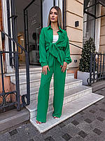 Легкий базовый летний женский брючный костюм двойка турецкая креп жатка удлиненная рубашка свободные брюки OS 46/48, Зеленый