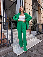 Легкий базовый летний женский брючный костюм двойка турецкая креп жатка удлиненная рубашка свободные брюки OS 48/50, Зеленый