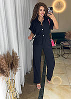 Легкий базовый летний женский прогулочный костюм двойка креп жатка рубашка с коротким рукавом брюки VS 50/52, Черный