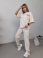 Стильный женский летний спортивный прогулочный костюм Калифорния футболка штаны двунитка OS 48/50, Бежевый