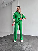 Стильный женский летний прогулочный костюм футболка со спущенным рукавом штаны свободного кроя двунитка VS 48/50, Зеленый