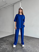 Стильный женский летний прогулочный костюм футболка со спущенным рукавом штаны свободного кроя двунитка VS 46/48, Синий