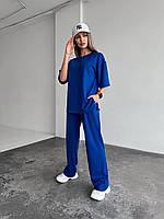 Стильный женский летний прогулочный костюм футболка со спущенным рукавом штаны свободного кроя двунитка VS 48/50, Синий