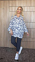 Летний легкий брючный женский костюм брюки джинс блуза из натуральной ткани штапель большого размера VS 52/54, Графит