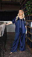 Летний шелковый брючный костюм женский оверсайз брюки палаццо рубашка футболка шелк Армани батал VS 54/58, Синий