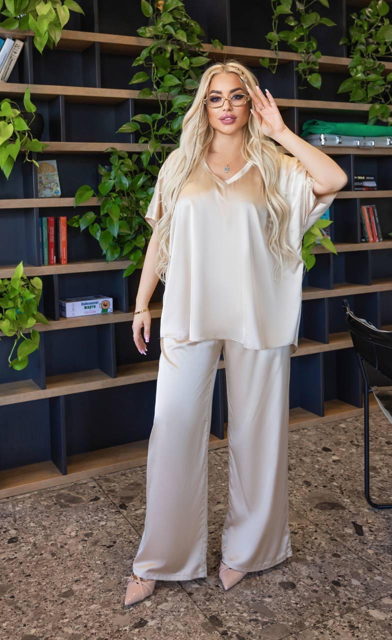 Жіночий літній прогулянковий костюм оверсайз штани палаццо та сорочка з коротким рукавом шовк Армані батал VS 48/52, Бежевий, фото 1