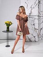 Женское нежное летнее муслиновое легкое мини платье Zara с коротким рукавом и завязками на груди хлопоковое OS 46/50, Коричневый