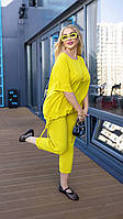 Летний легкий брючный костюм женский оверсайз брюки и футболка с завязками креп-жатка большого размера VS 54/56, Желтый