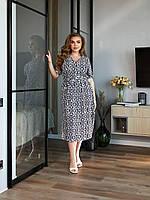Женское легкое повседневное летнее базовое платье миди креп-жатка геометрический принт норма и батал OS 50/52, Белый