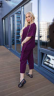 Летний легкий брючный костюм женский оверсайз брюки и футболка с завязками креп-жатка большого размера VS 54/56, Фиолетовый