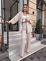 Легкий базовый летний женский брючный костюм двойка турецкая креп жатка удлиненная рубашка свободные брюки 42/44, Светло-бежевый
