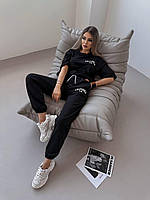 Стильный женский летний спортивный прогулочный костюм Калифорния футболка со спущенным рукавом штаны двунитка 48/50, Черный