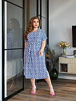 Женское легкое повседневное летнее базовое платье миди креп-жатка геометрический принт норма и батал VS 50/52, Синий