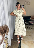 Женское красивое нежное летнее хлопоковое легкое платье миди с коротким рукавом коттон жатый VS 48/52, Лимонный
