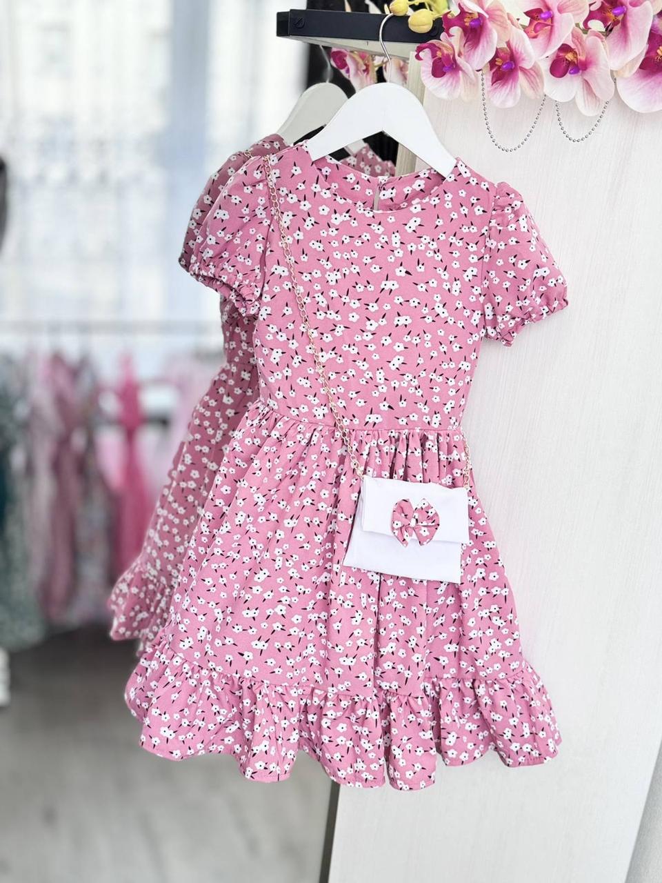 Літня дитяча сукня з короткими рукавами з сумочкою рожева