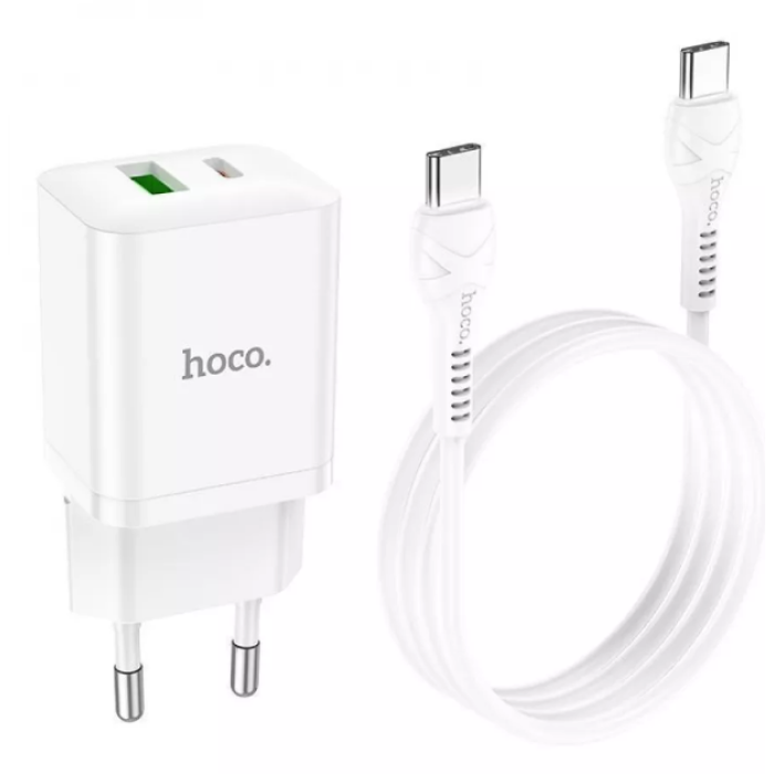 Мережевий зарядний пристрій Hoco N28 1PD+1USB 20W Type-C to Type-C White, Білий