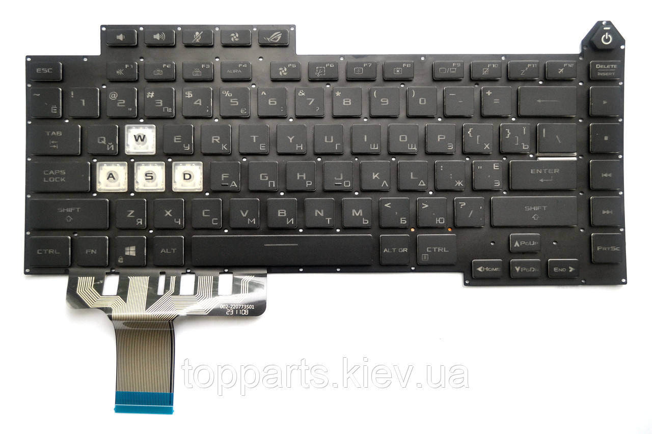 Клавіатура для ноутбуків Asus ROG Strix G513, SCAR G533 чорна без рамки з різнокольоровою підсвіткою UA/RU/US