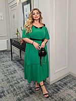 Женское зеленое летнее платье длинное с поясом большие размеры