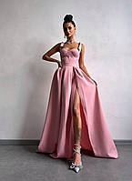 Красивое долгое платье макси с корсетным верхом и разрезом на ножке Розовый, S