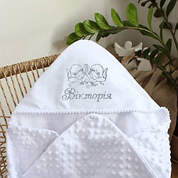 Іменна крижма з мінкі плюшу біла з ангелами