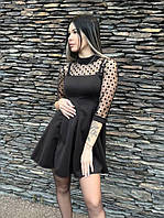 Жіноча стильна вечірня сукня кльош вище коліна креп дайвін і фатин-сітка чорна.