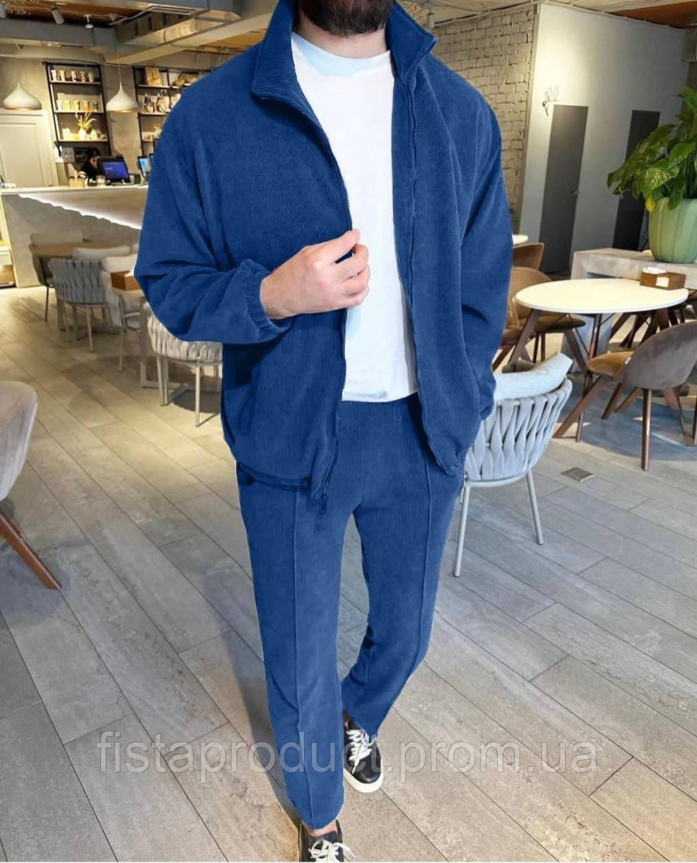 Идеальный мужской костюм из микро-вельвета (кофта на молнии+штаны) синий - фото 1 - id-p2192317711