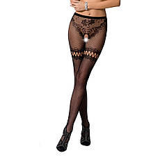 Сітчасті колготки з відкритим доступом Passion S015 One Size, Black, імітація панчіх і трусиків, Київ