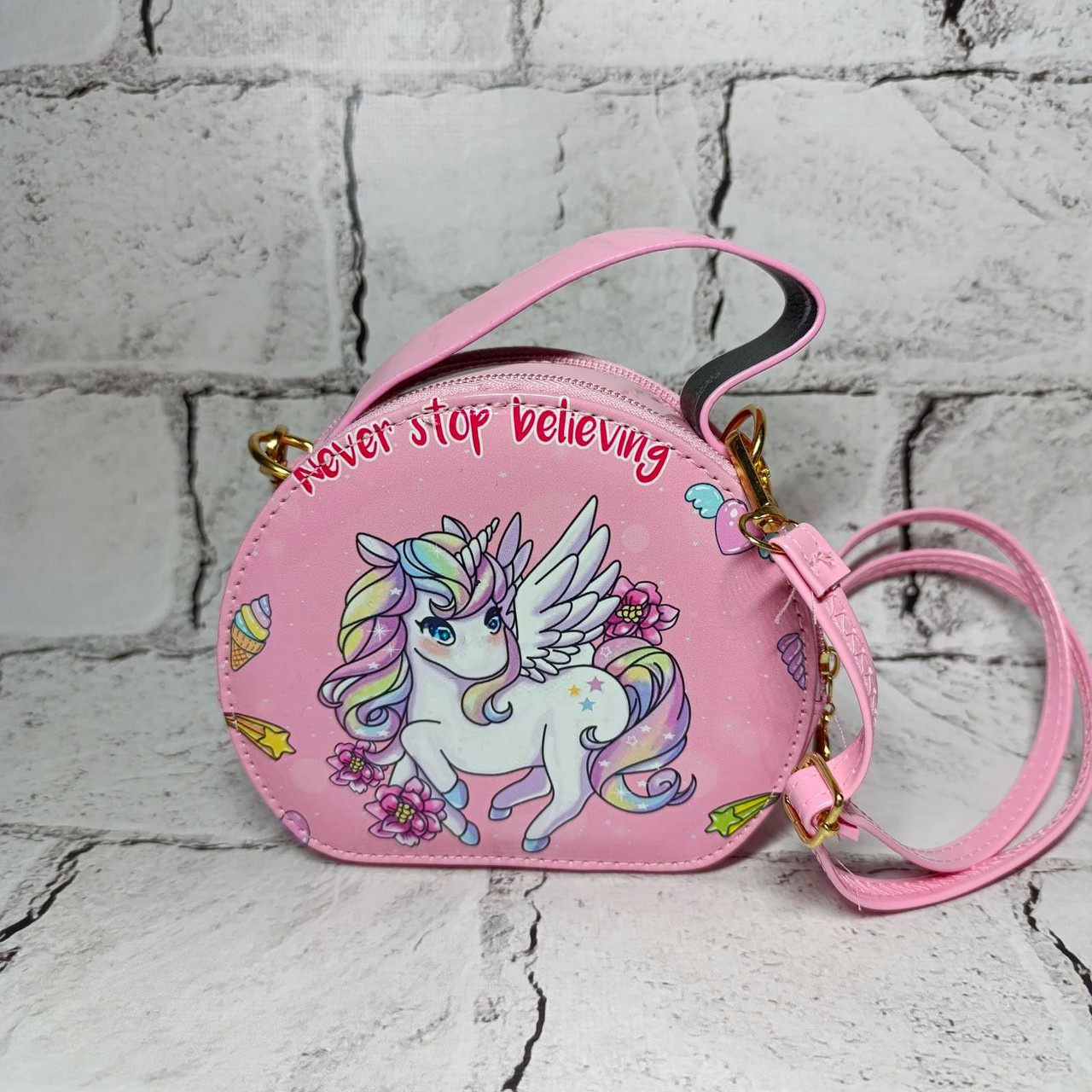 Сумочка дитяча для дівчинки лакова з ремінцем Єдиноріг Рожева 15,5х13х5 см 2061-3м