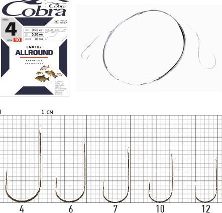 Гачки з повідцем Cobra ALLROUND 70cm, 0,12 mm, Розмір 12, 10шт
