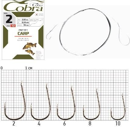 Гачки з повідцем Cobra CARP 70cm, 0,20 mm, Розмір 4, 10шт
