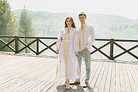Святковий вишитий комплект біла вишита сукня з колосками та чоловіча вишиванка з пшеницею