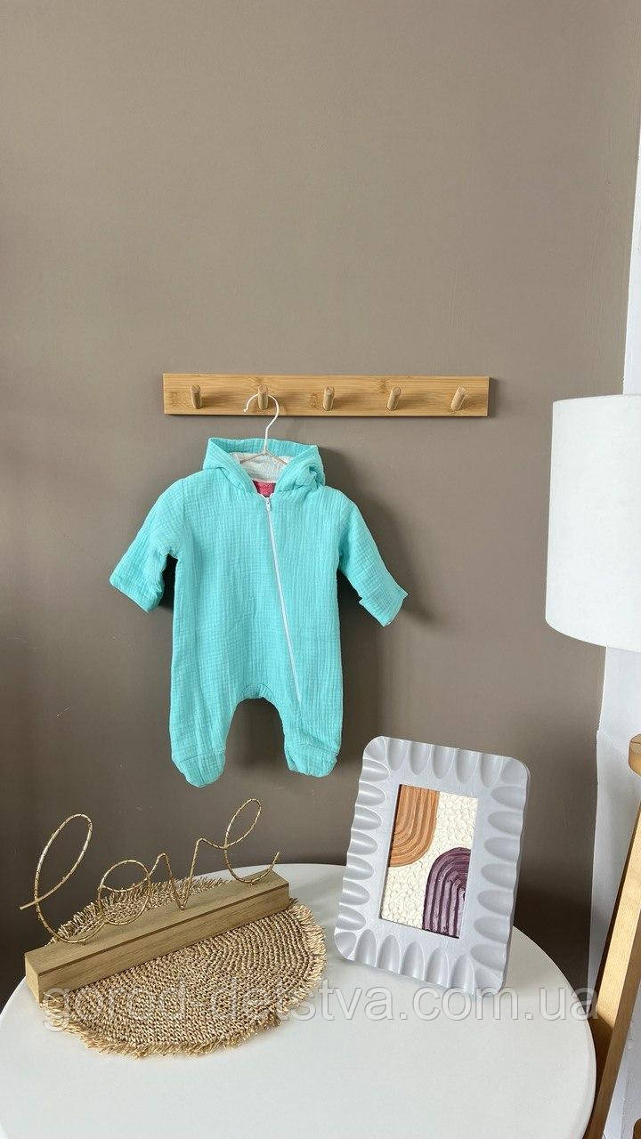 Дитячий мусліновий літній легкий комбінезон чоловічок для новонародженого 0-3 міс 56-62 см Літо, фото 1