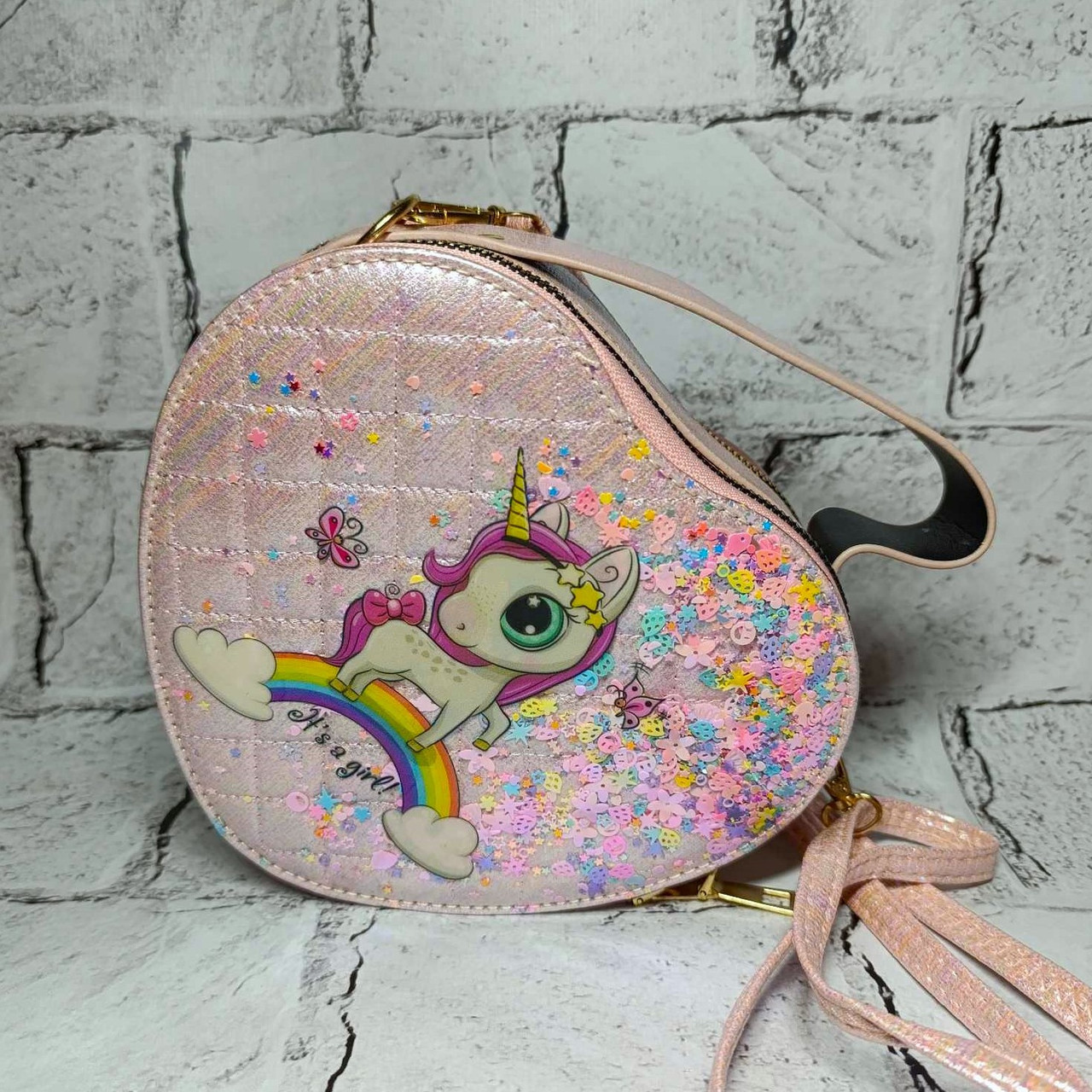 Сумочка дитяча для дівчинки перламутрова з ремінцем Єдиноріг Персикова 19,5х17,5х7 см 238-5
