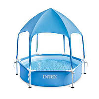 Каркасный бассейн для детей синего цвета с навесом Intex диаметр 183 см высота 38 см.