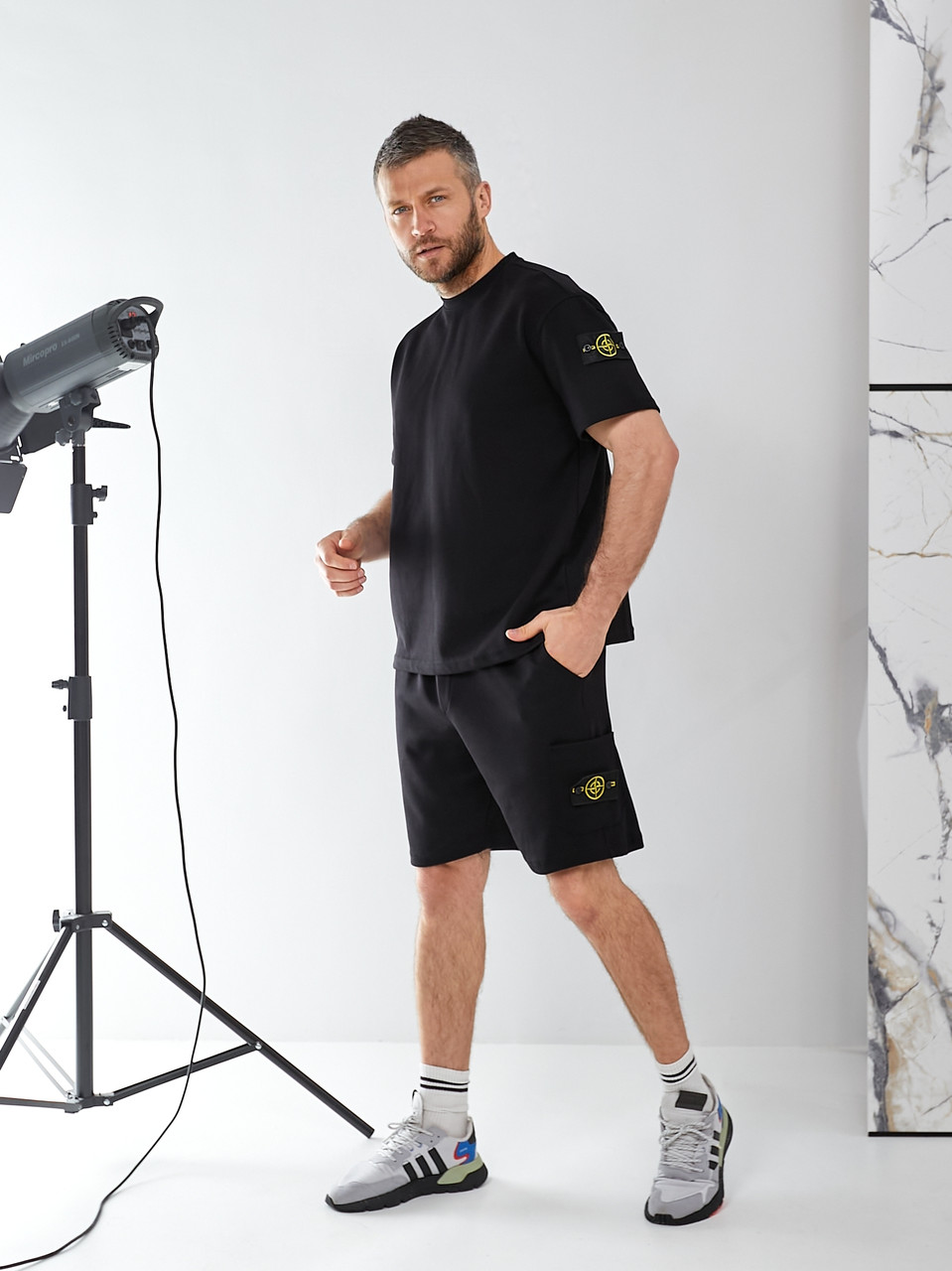 Спортивний костюм Stone Island шорти та футболка комплект, літній чоловічий спорт костюм Стон Айленд чорний