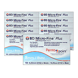Голки для шприц-ручок BD Micro-Fine + «МікроФайн» 8 мм 100 шт. 10 паковань