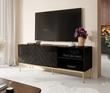 Тумба під телевізор Cama Meble Szafka Rtv Abeto Na Złotym Stelażu Ze Stali 150X42X60 BlackBlack Połysk 257313