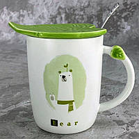 Чашка керамическая с крышкой и ложкой "Зеленый лист", 350мл