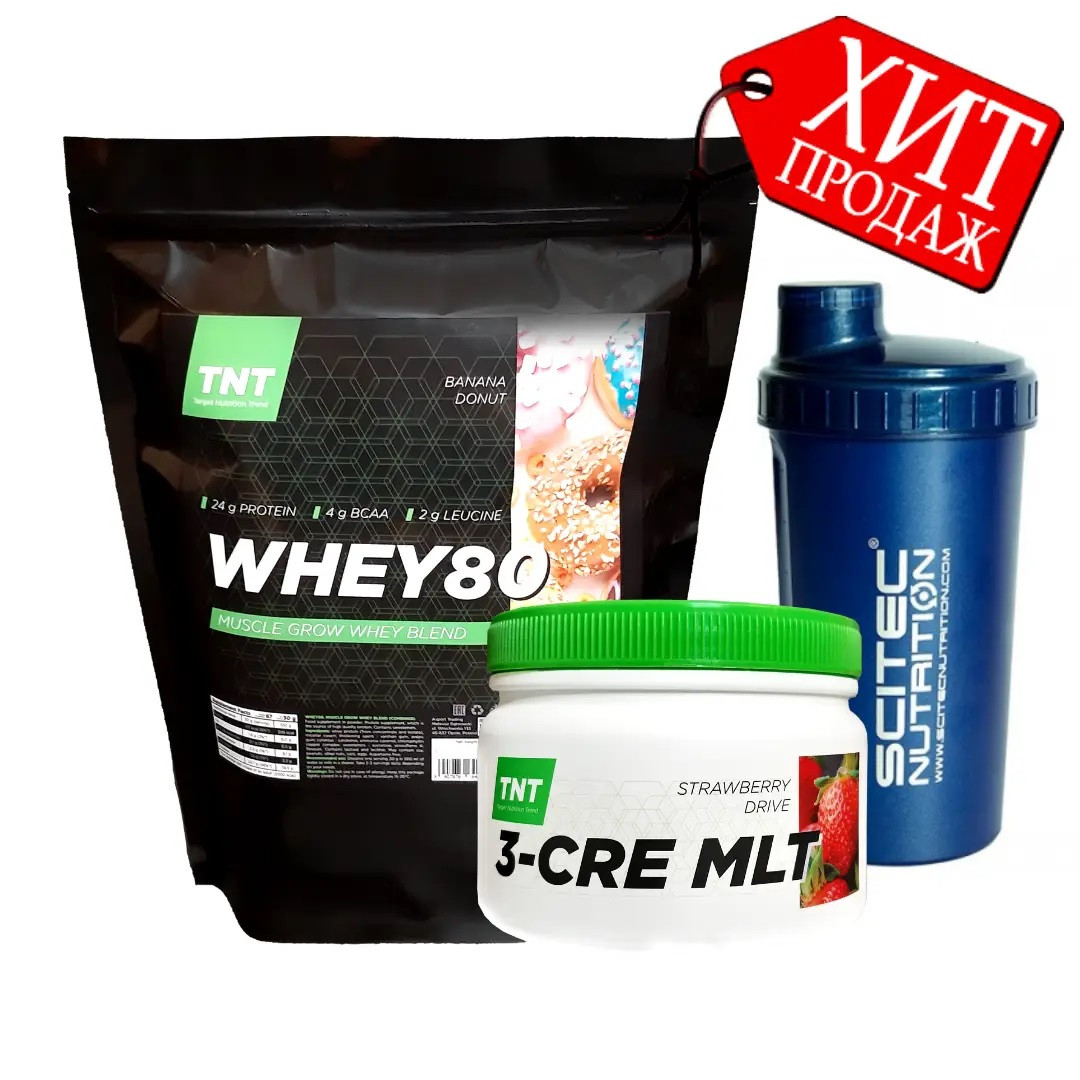 Протеїн Whey 80 TNT Nutrition. Пакет 2 кг смак банановий пончик + Креатин + Шейкер, фото 1