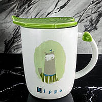 Кружка с крышкой и ложкой "Зеленый лист", 350мл (Керамическая чашка для кофе и чая) Бегемот