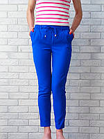 Летние штаны для подростка с карманами пояс на резинке со шнурком синие (длина 7/8)