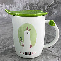 Чашка керамическая с крышкой и ложкой "Зеленый лист", 350мл Кріль
