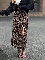 Женская стильная трендовая длинная леопардовая юбка с разрезом высокая посадка