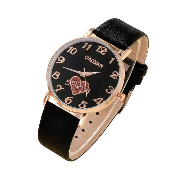 Жіночі наручні годинники кварцові чорний циферблат білі фіаніти у формі серця шкіряний чорний ремінець